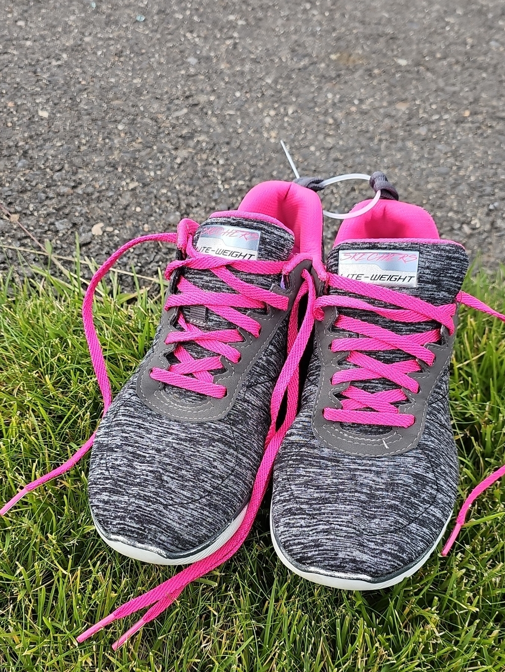Skechers Lightweight Gray Knit Sneakers with Pink Accents